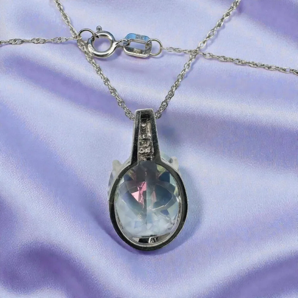 10K White Gold LARGE Mystic Topaz & Diamond Necklace -18